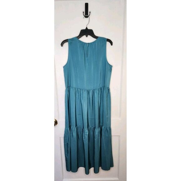 EILEEN FISHER ROUND NECK TIERED DRESS 100% SILK SATIN RIVER BLUE NWT Size Small - Picture 2 of 6